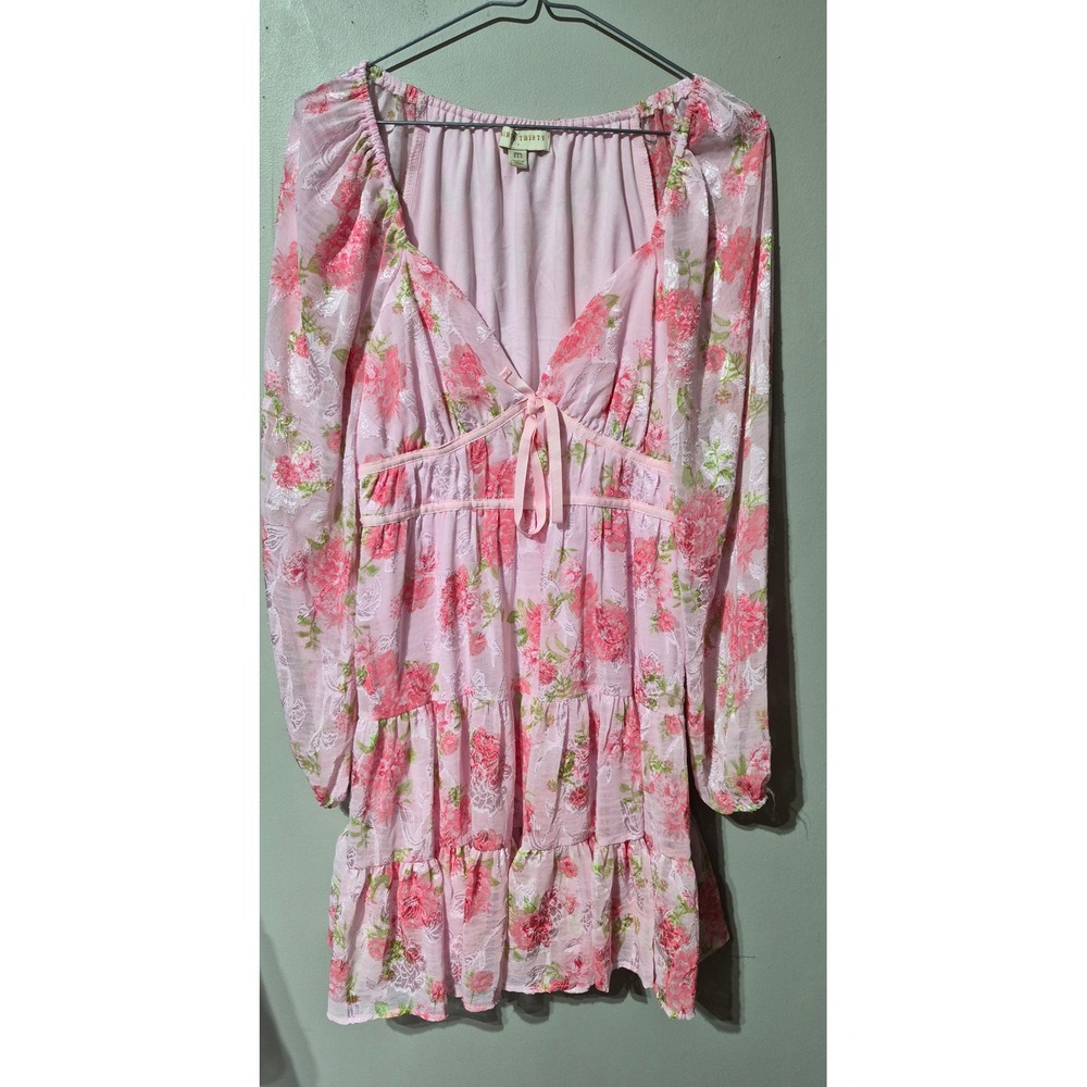 Thirty Thirty LA Pink Floral Burnout Mini Dress Long Sleeve Tiered Ruffle Medium